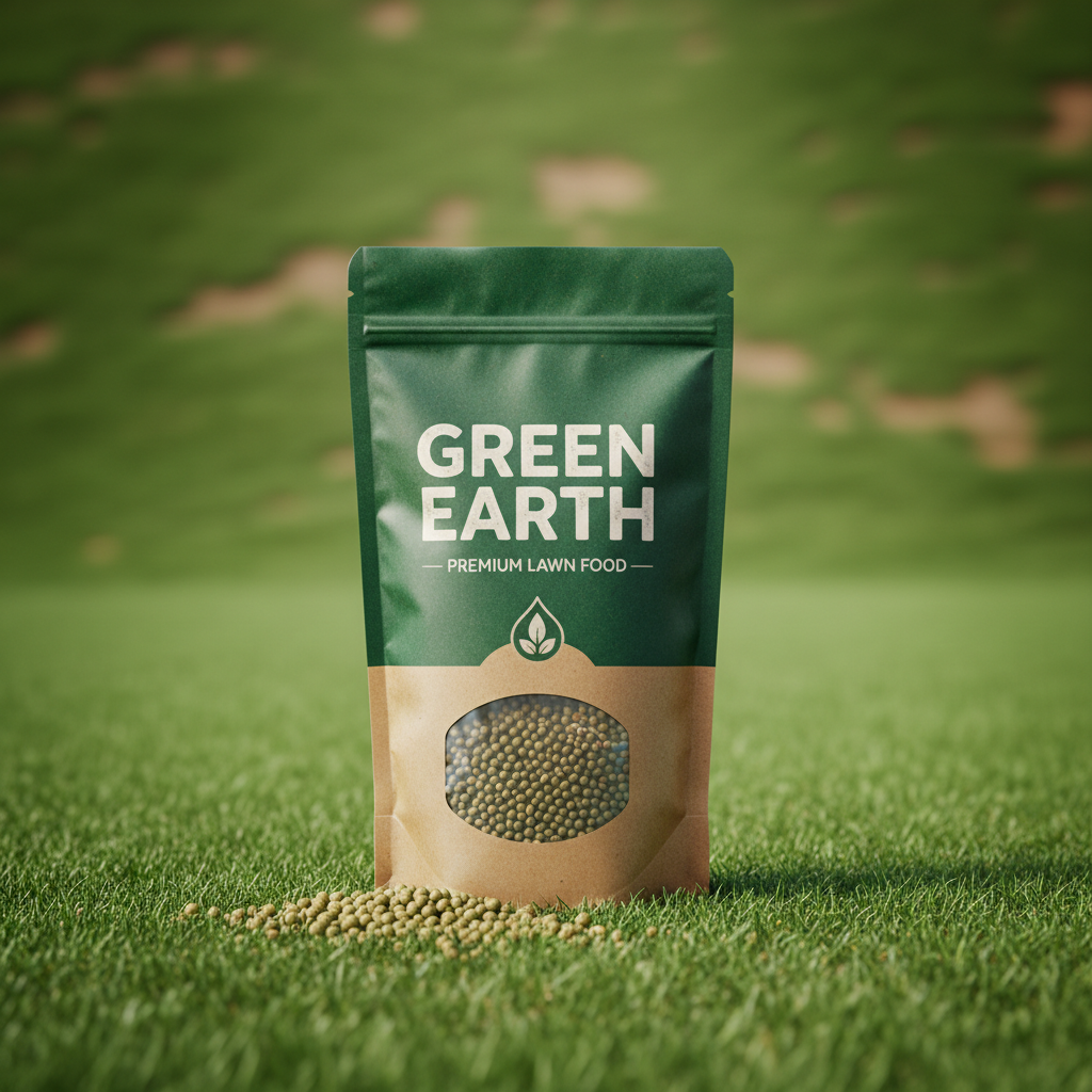 Premium Lawn Fertilizer bag with lush green grass background