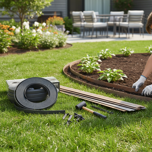 Landscape edging kit with flexible edging strips installed in garden border